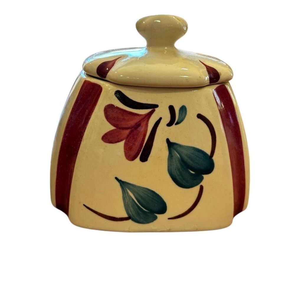 Purinton Slip Ware Handpaint Pottery Ivy Red Blossom Canister w/Lid VTG 1940s US